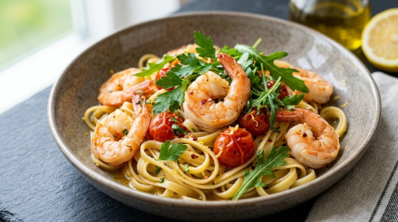 Räkpasta med vitlökssmör och chili